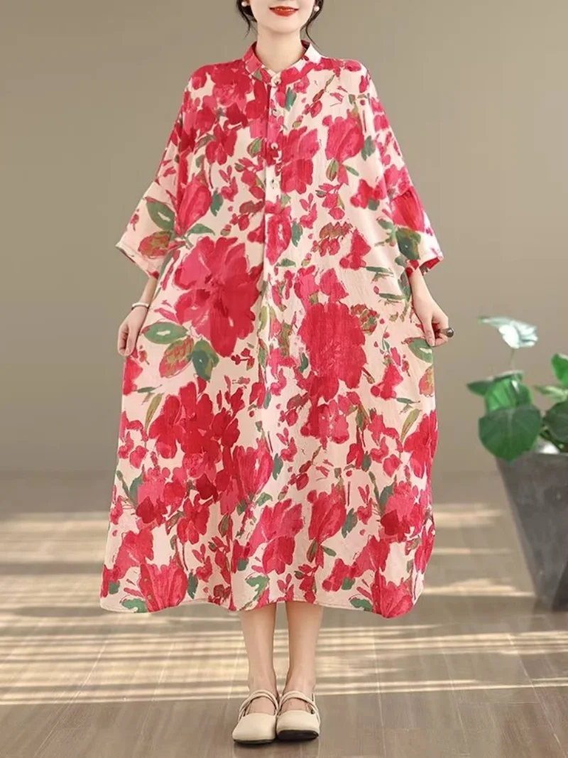 Vestido de Férias: Manga Morcego, Gola Alta, Vestido Oversized de Algodão e Linho. Vestido Longo Solto Estampado para Férias de Verão na Praia. W209