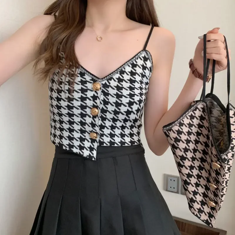 Vintage Houndstooth Knitting Camis Women Clothing Interior Lapping 2026 New Summer Fashion Irregular Sling Camisole Top Tee