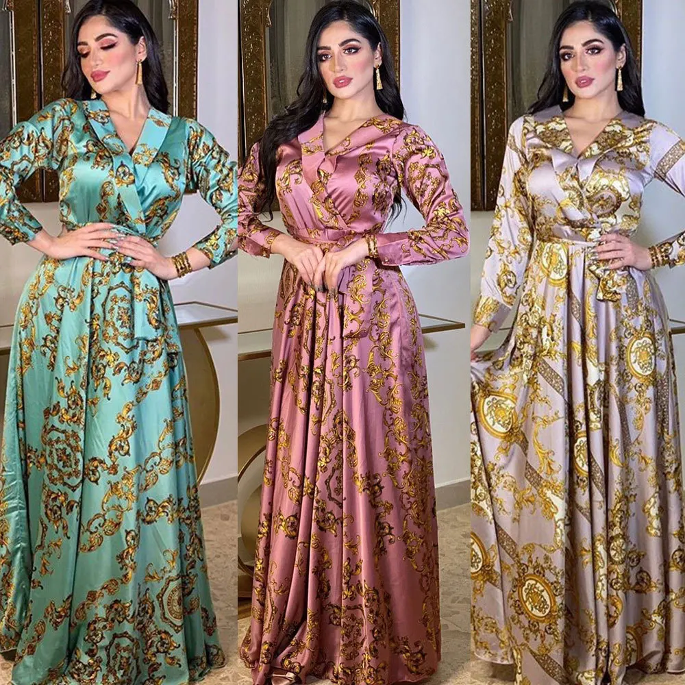 Autumn Fashion Imitation Silk Printed Dress Middle Eastern Muslim Gown
