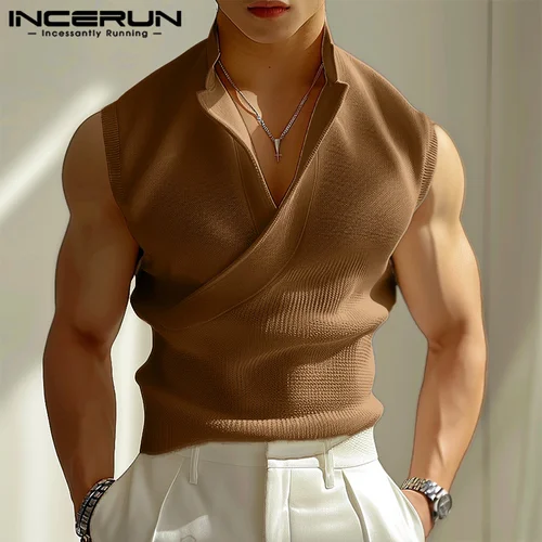 INCERUN-camisetas sin mangas para hombre, chalecos informales sin mangas con cuello en V, ropa de calle de Color sólido, moda de ocio coreana, 2024