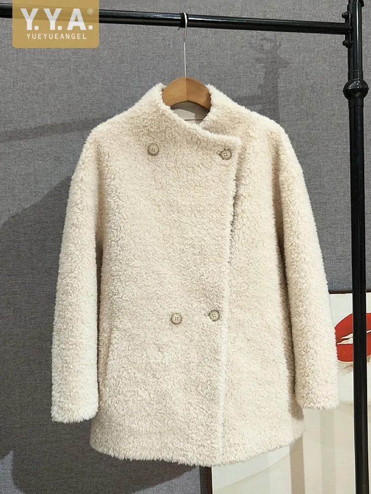 Casual Lady Double Breasted Wool Cashmere Outerwear Long Sleeves Stand Collar Warm Solid Color Winter Women Sheep Wools Jacket