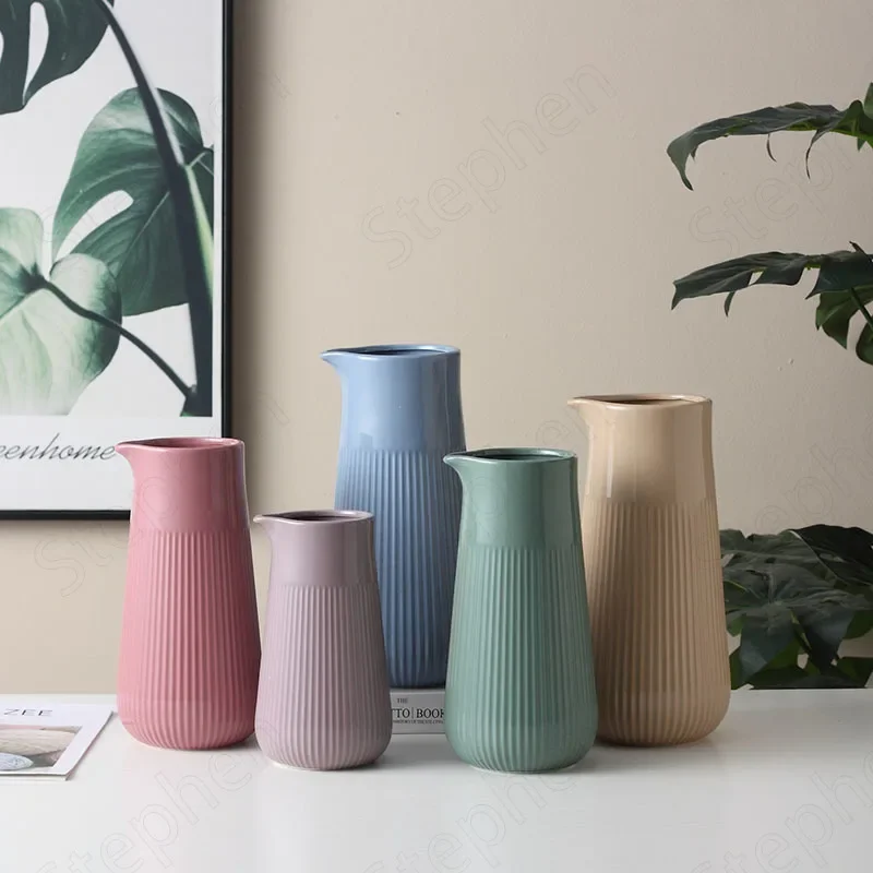 Modern Simple Candy Powder Ceramic Vase Nordic Vertical Stripes Embossed Spout Decorative Vases Ceramic Living Room Decoration