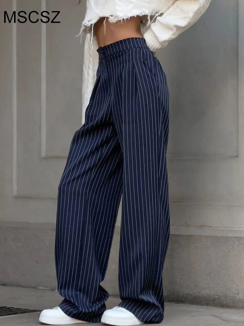 MSCSZ Pantaloni da abito a righe blu Pantaloni dritti a vita alta da donna Pantaloni da strada autunnali primaverili