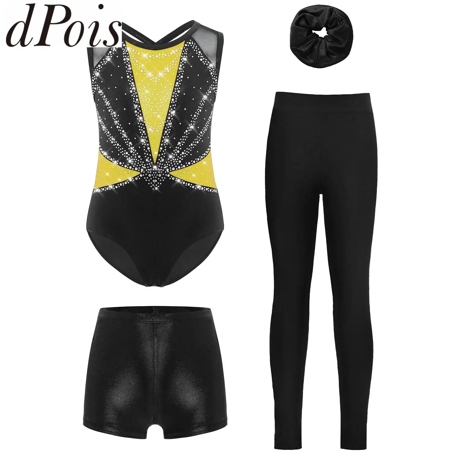 4-częściowy zestaw gimnastyczny dla dziewczynek: strój do tańca z długim rękawem, prześwitująca siateczka, dżety, body z szortami, legginsy, opaska na włosy, odzież taneczna