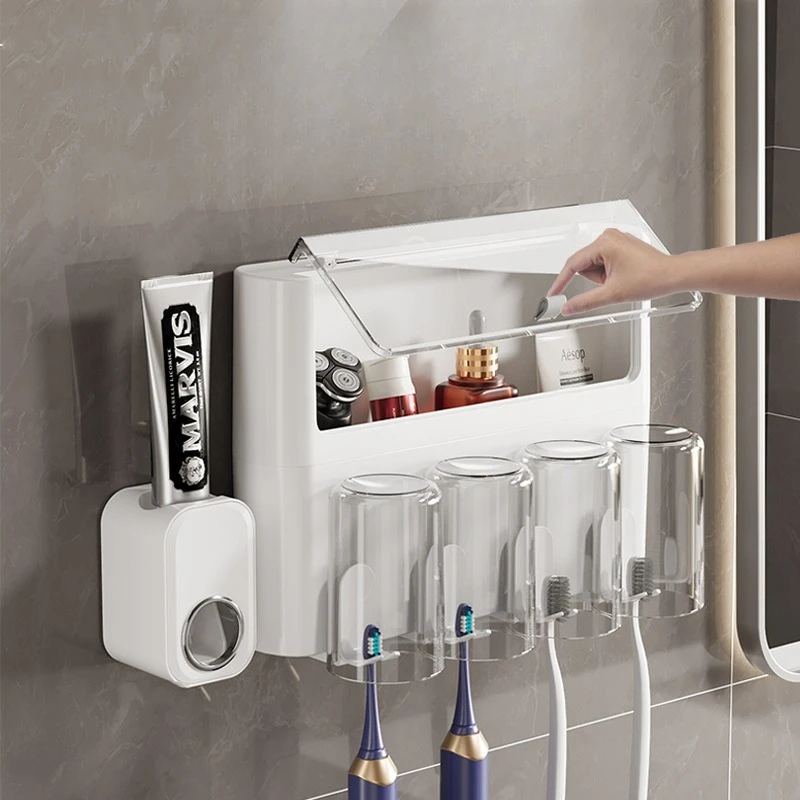 

No-Drill Wall Mounted Toothbrush Holder - Features Dust-Proof Lid, Space for 4 Cups and a Toothpaste Rack.