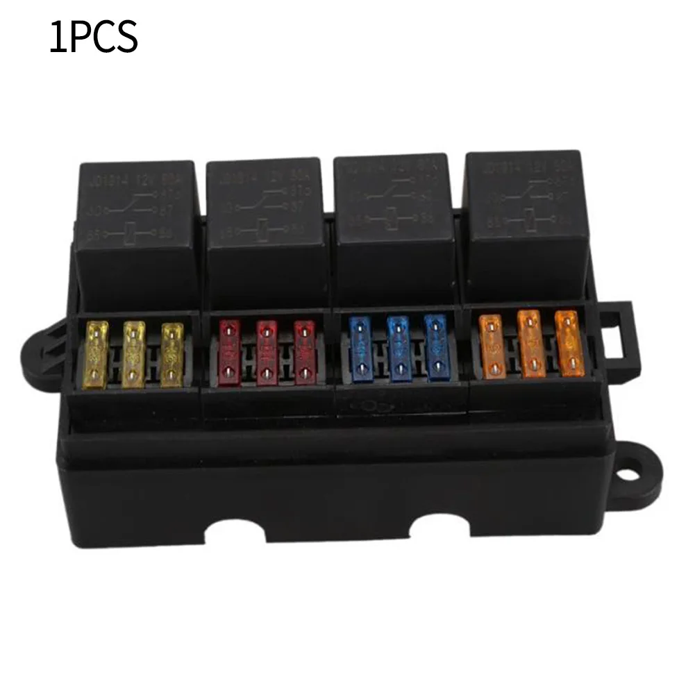 Automotive 12 Way Blade Fuse Box with 4 Relay Holders Flame Retardant Material for Safe Circuit Protection in For Cars and RVs
