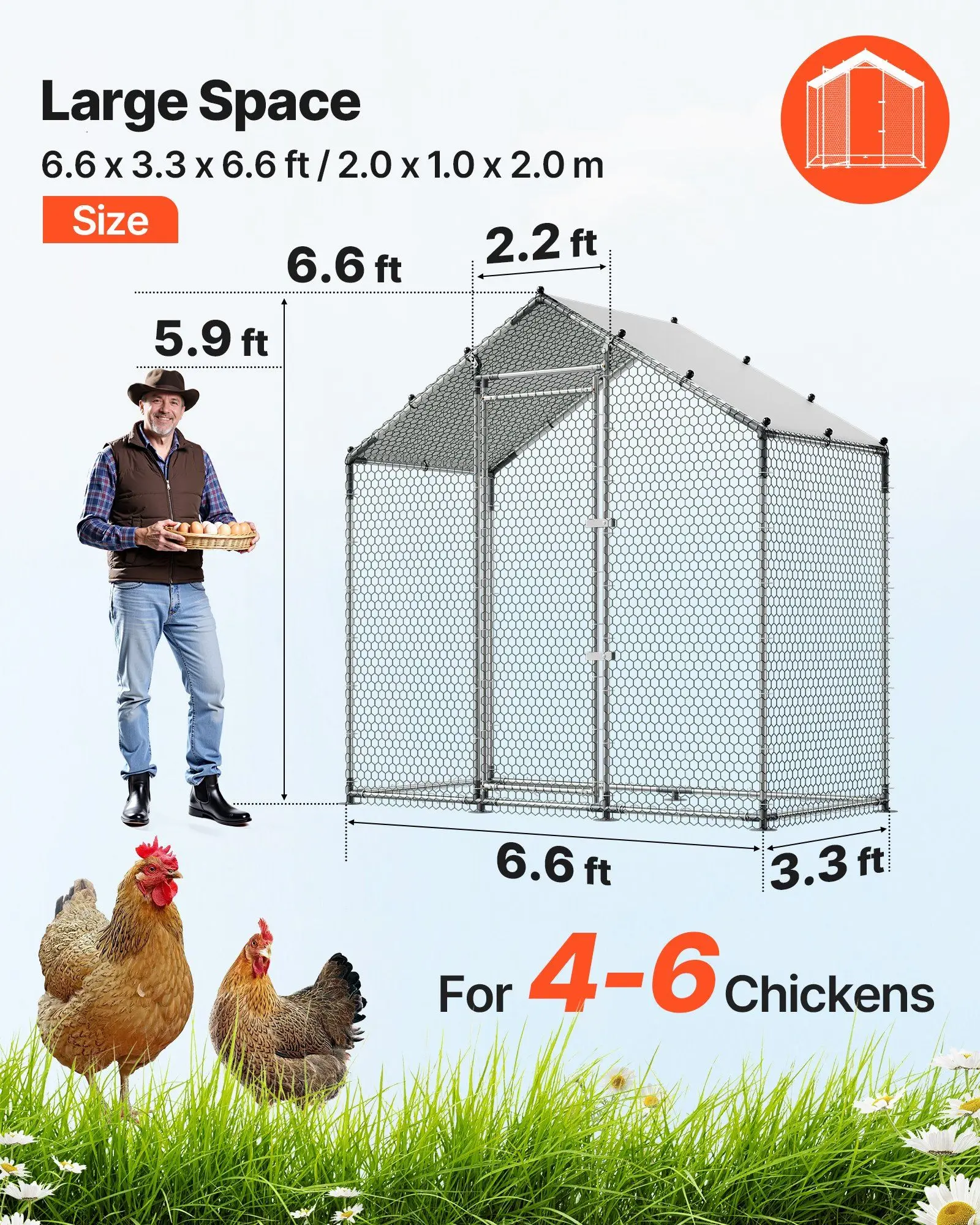 

Large Metal Chicken Coop,6.6 x 3.3 x 6.6 ft, Walk-in Chicken Run House with Waterproof Cover & Sturdy Frame, Spire Roof Poultry