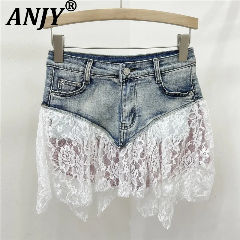 ANJY 2026 Spring Summer New Women American Irregular Stretch Lace Patchwork Denim Skirt Hot Girl Chic A-line Short Skirts A19044