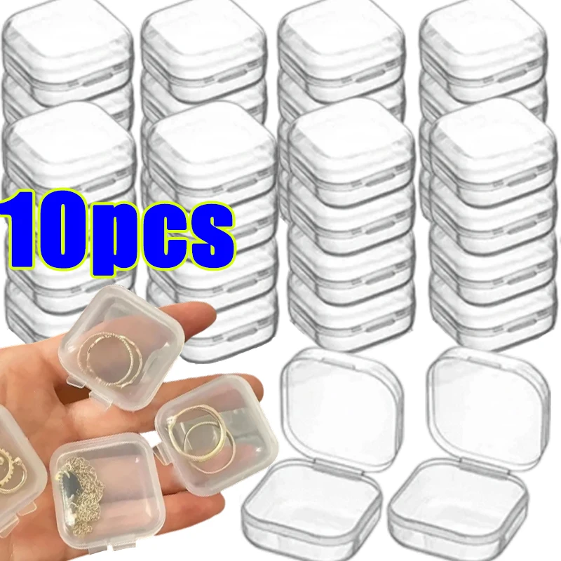 1-10Pcs Mini Square Storage Box Transparent Plastic Flip Cover Small Case Pill Jewels Dustproof Storage Pack Boxes Wholesale