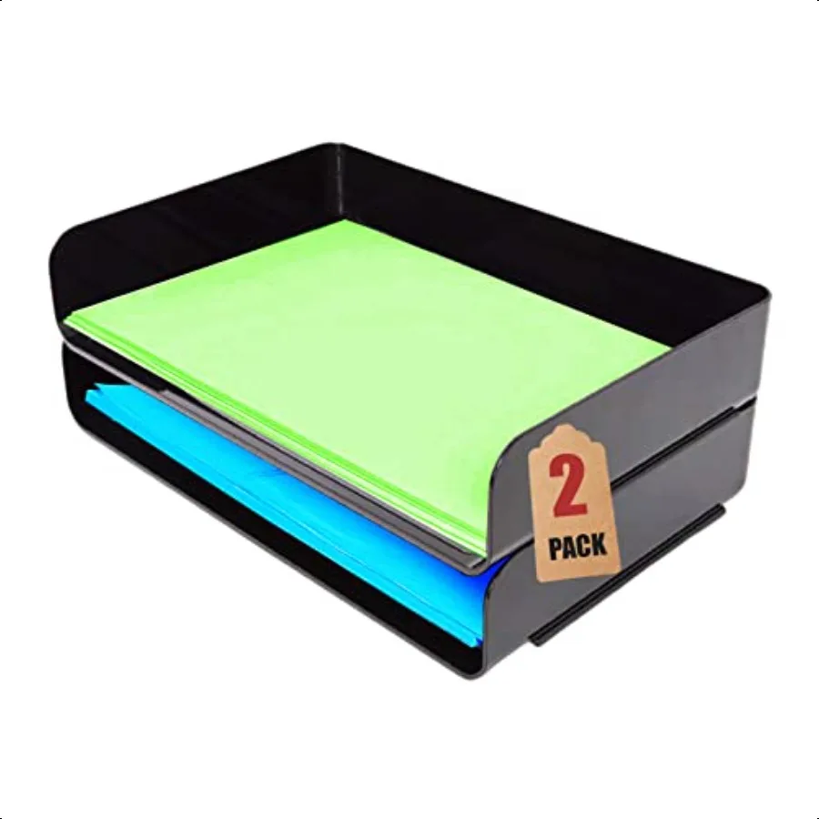 

1InTheOffice 2Pack Stackable Plastic Legal Tray Black Modern Design Side Load Holds Up to Legal Size Paper