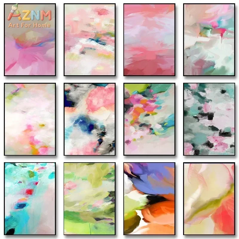 AZNM Modern Abstract Colorful Canvas Wall Art, Minimalist Pink Blue Green Brush Stroke Print, Frameless Contemporary Acrylic Pai