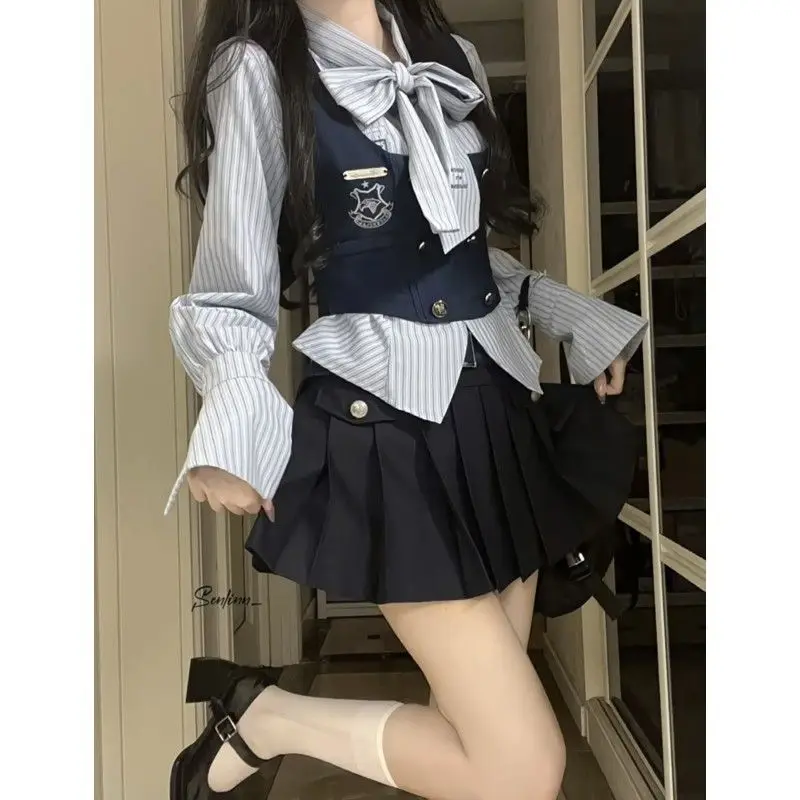 

Japanese Sweet Lolita Style 3 Piece Sets Women Vintage Elegant Bow Stripe Long Sleeve Shirt Top Kawaii Cute Slim Mini Skirt Suit