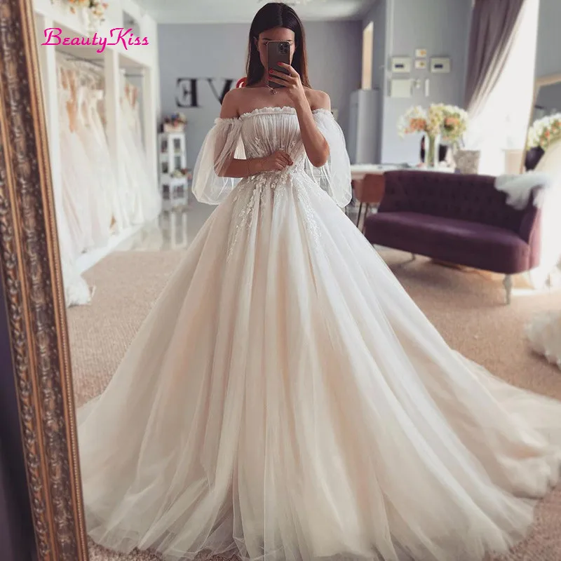 Abiti da sposa Boho manica a sbuffo principessa abito da sposa Vintage abiti da sposa in pizzo corsetto indietro senza spalline Robe de Mariee