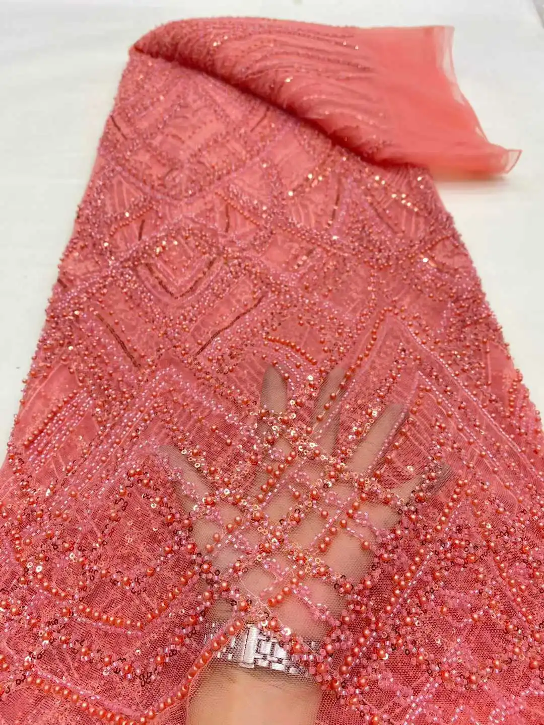 

2025 New Design Nigerian Lace Fabric African Beads Lace Fabric French Mesh Lace With Sequin For Wedding Party