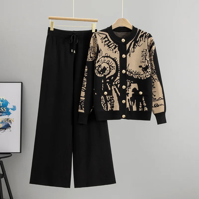 Spring and Autumn New French Style Round Neck Metal Buckle Contrast Jacquard Knitted Cardigan Stylish Wide Leg Pants Sets B643