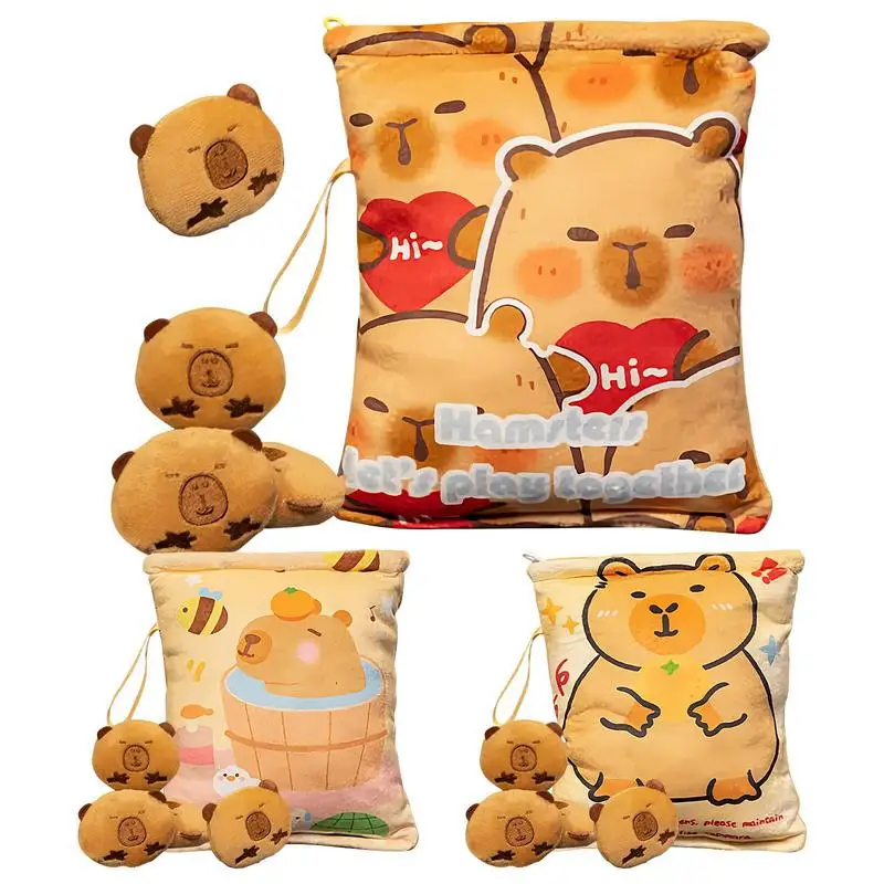 

Snack Bags for Kids Cute Capybara Plush Snack Bag 4 Small Dolls Attached Soft Pillow Stuffed Cushion Hugging Home Decor