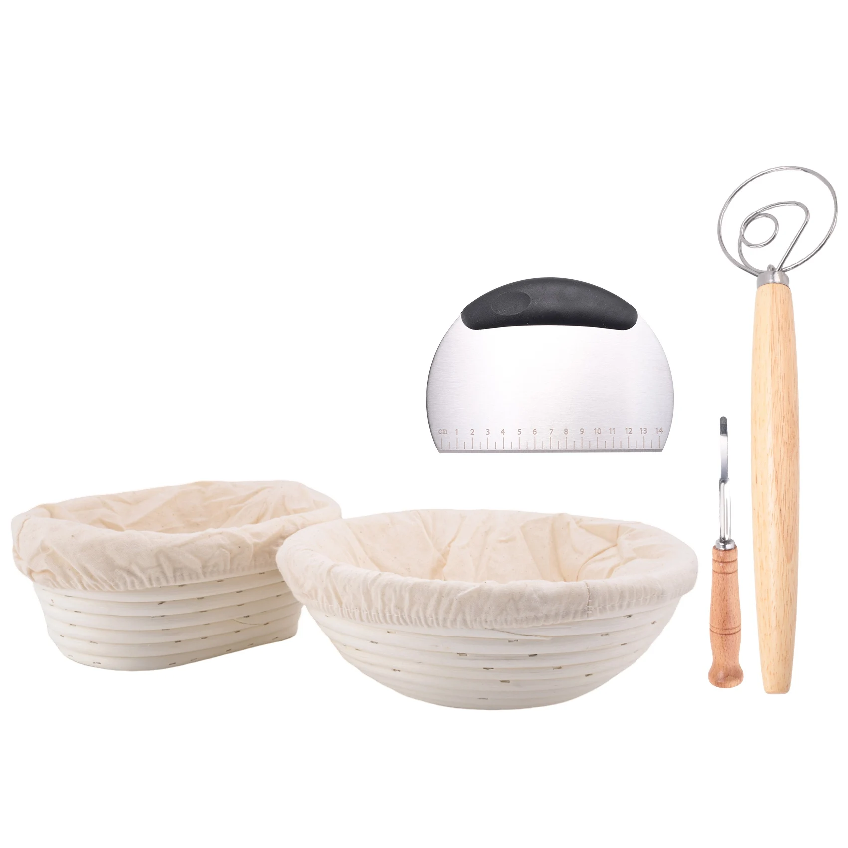 Bread Proofing Basket SET of 2 with Starter Kit-Round and Ovel Bread Baking Bowl Tools -Bread Lame- Dough Scraper