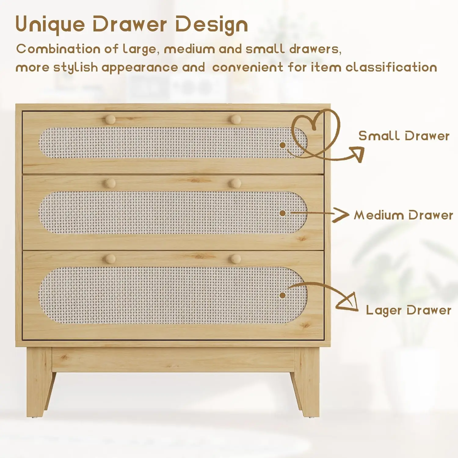 Cassettiera grande con 3 cassetti portaoggetti in rattan per camera da letto, cassettiera moderna naturale con kit antiribaltamento in legno, cabina portaoggetti in rattan