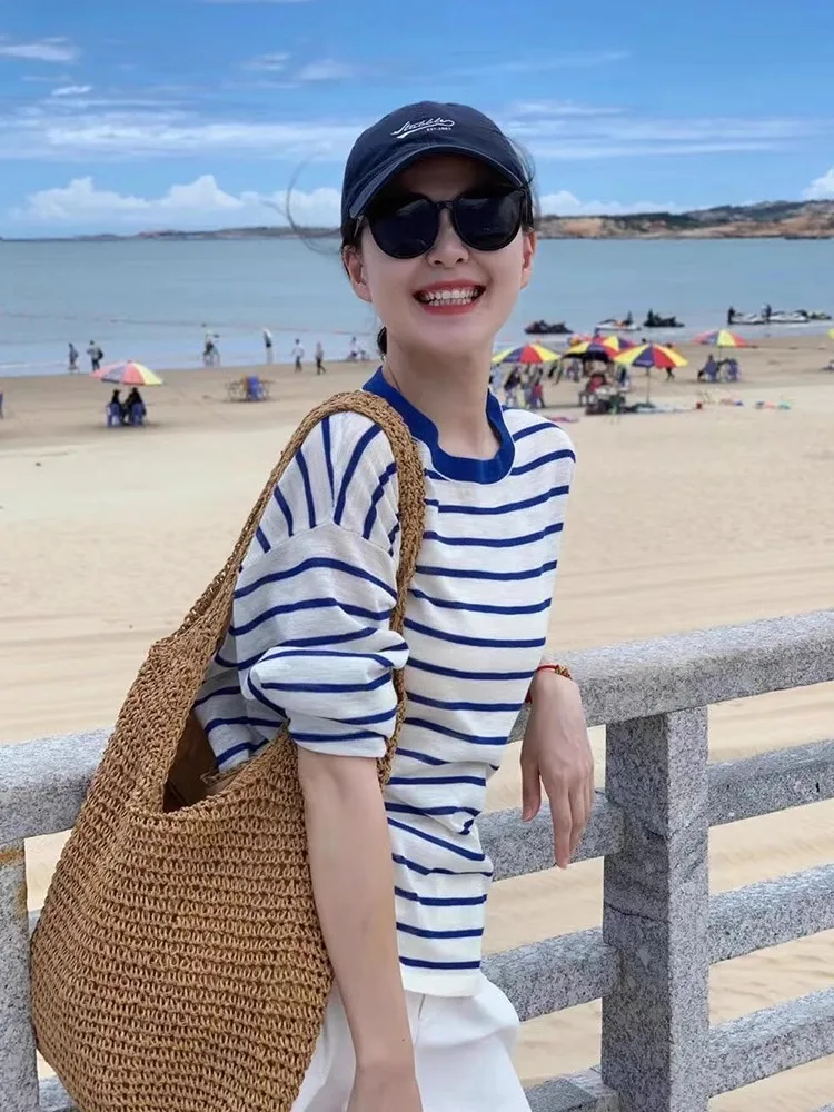 Blue Striped Long Sve Ice Silk Sun Protection T-irt Women's Summer Small Size Outer Thin Air Conditioner Cover Knitted Top
