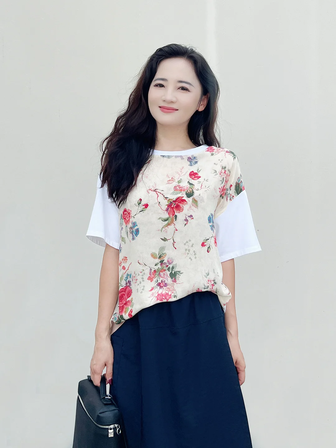 

Soft Silk ort Sve T-irt round Ne Romantic MM Flower Pattern Princ Barbara Home Casual Summer Moisture ng