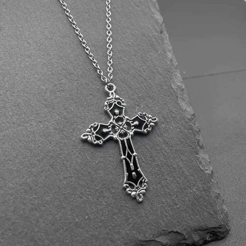 4-piece Gothic punk cross necklace set with thorns, irregular crosses, empty star shaped thorns, roses, black heart pendant jewe