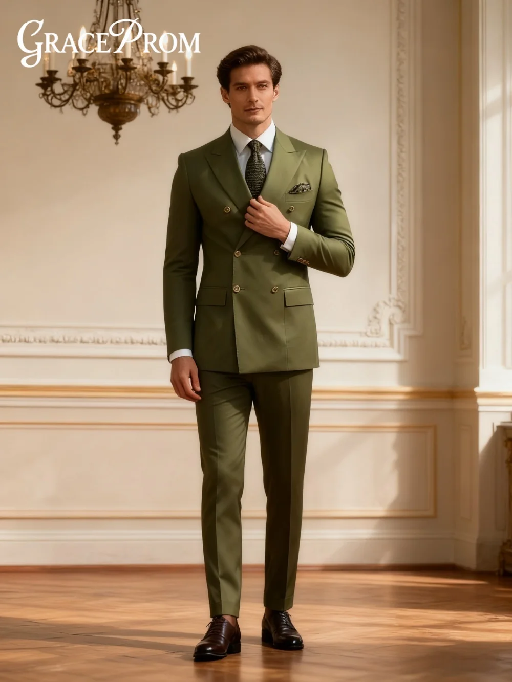 

Elegant Double-Breasted Men's Suit Set For Wedding Classic Solid-Color Business 2PCS Men's Suit Set Including Jacket Pants