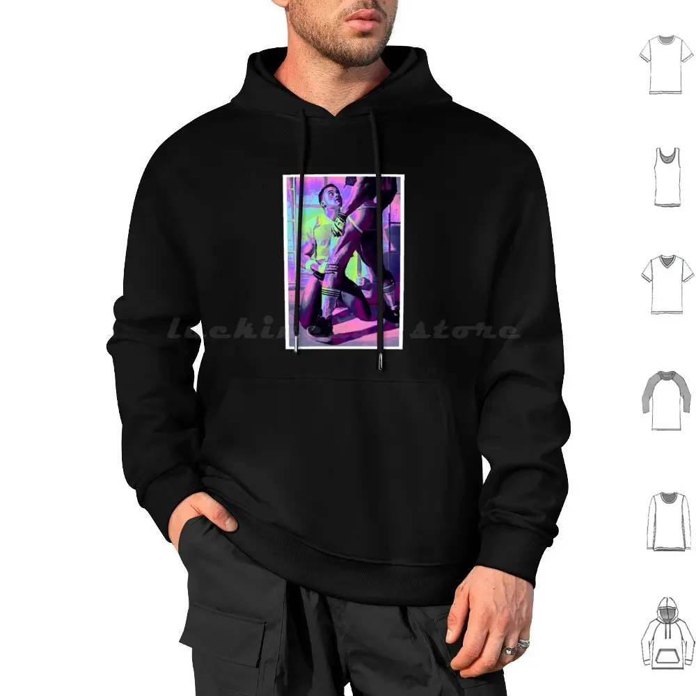 Frisky fútbol Vaporwave Sudadera con capucha de algodón de manga larga Bara Yaoi Neon 1990s Gym Art Queer Art Muscle Bottom Top Bulge