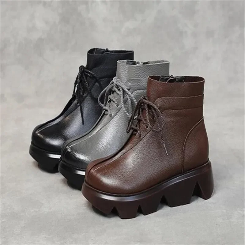 

Brand Luxury Women Boots 100% Genuine Leather Handmade Vintage Thick Heel Ankle Boots Female Winter Warm Platform Boots