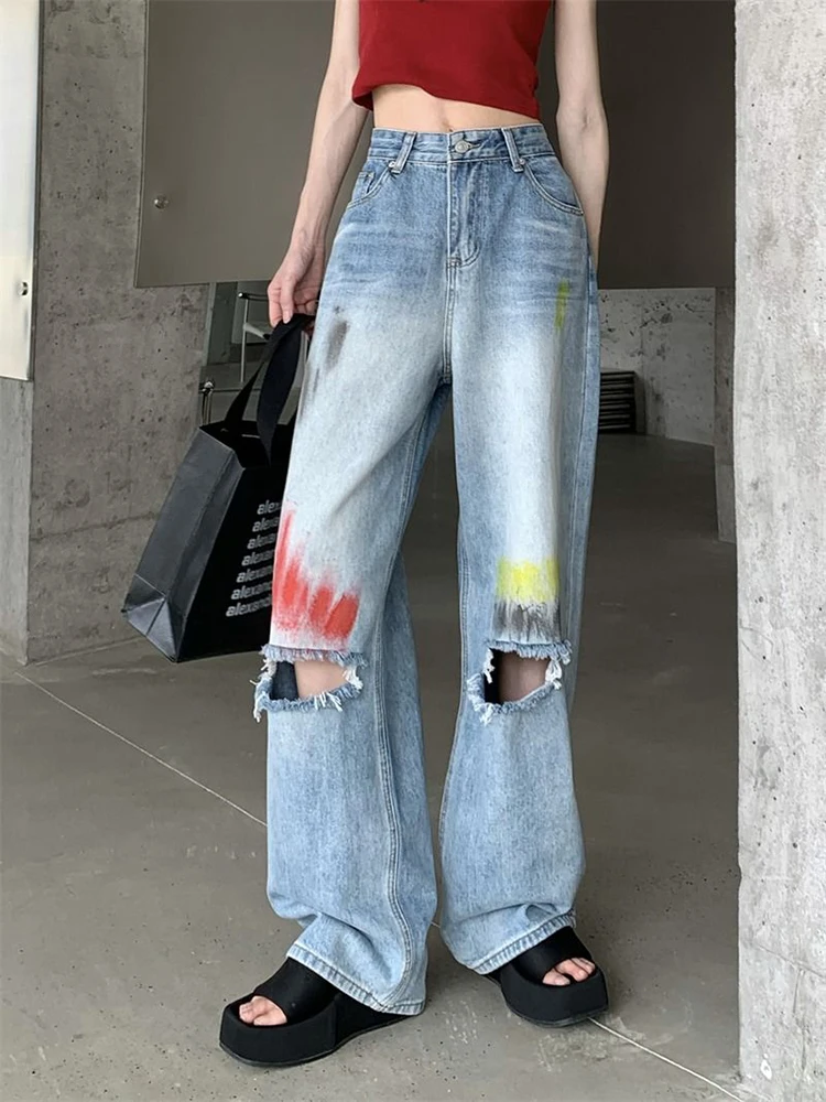 Jmprs Retro Hole Design Jeans Women Painted High Waist Streetwear Denim Pants Hip Hop Harajuku American Loose Bf Trousers New