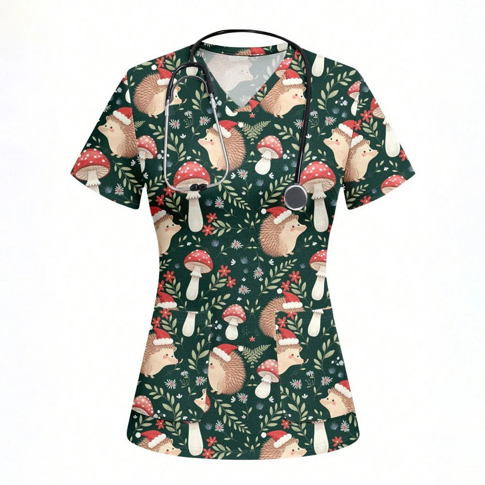 

Cartoon Animal Nursing Scrubs Tops Women Nurse Uniform Women Fashion V-Neck Pocket Overalls Medical Uniforms Uniformes Woman