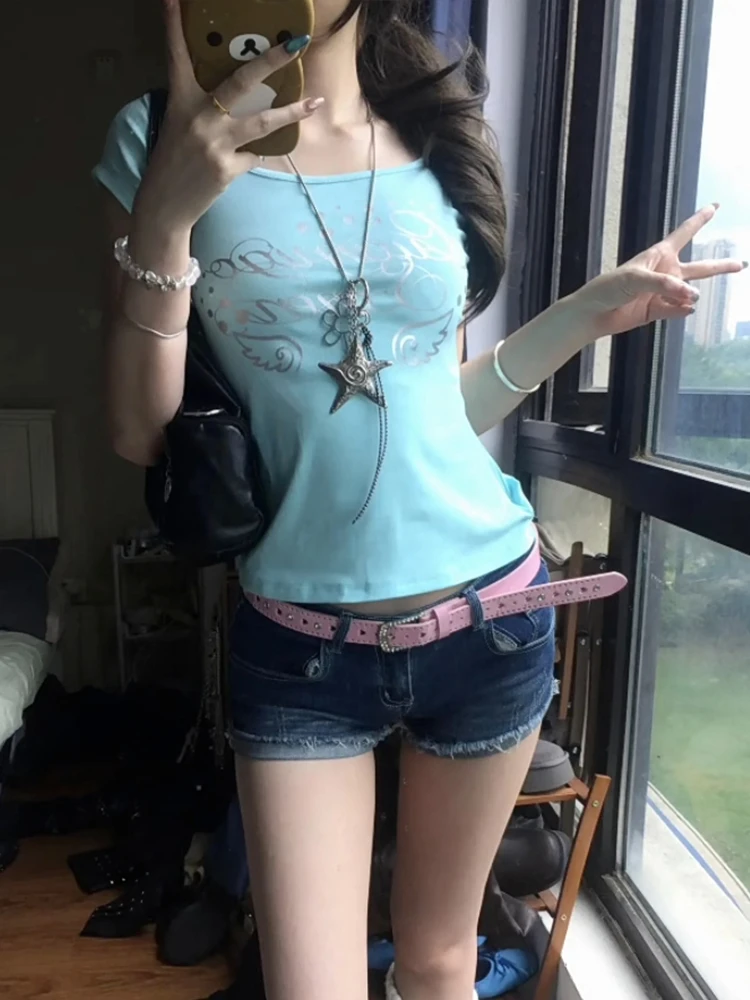 Genayooa Japanisches Y2k-Print-T-Shirt für Damen, kurzärmelig, schmale Crop-Tops, amerikanische Retro-Grafik-Tops, Streetwear, 2000er-Jahre-Fairycore-T-Shirt – Detail 6