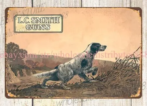 1930s L. C. Smith Guns hunting dog metal tin sign living room decorating ideas