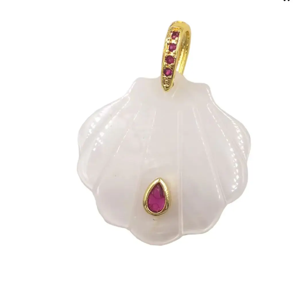 WT-JP478 Lovely And Vivid Fans Shape White Shell Smooth Fine Pendants With Drop Colored Zircon Paved Charms Findings