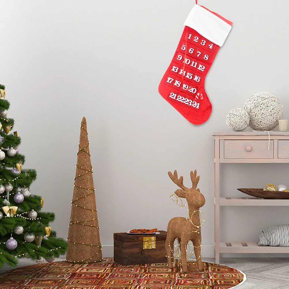 

Red Christmas Socks Countdown Calendar Hanging Ornament Decorative Sock with Pockets for Xmas Tree Party Decoration
