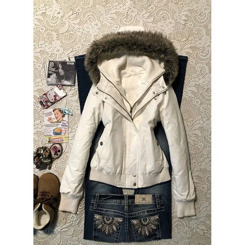 Korean style white fur collar hooded jacket for women in spring and autumn new slim fit and versatile style to overcome tops