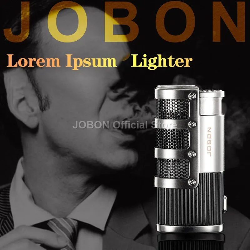 JOBON Metal Outdoor Windproof Butane Gas Lighter Blue Flame 3 Torch Straight Turbo Jet Cigar Lighter Cigar Cutter Men\'s Gift