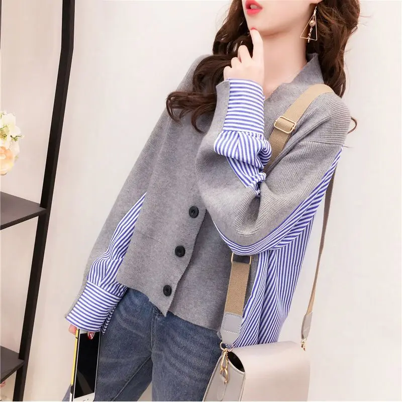 

Shirt Sweater for Women Spring Autumn New Striped Patchwork Fake Two Pieces Loose Knitting Cardigan Fashion Vintage Clothing