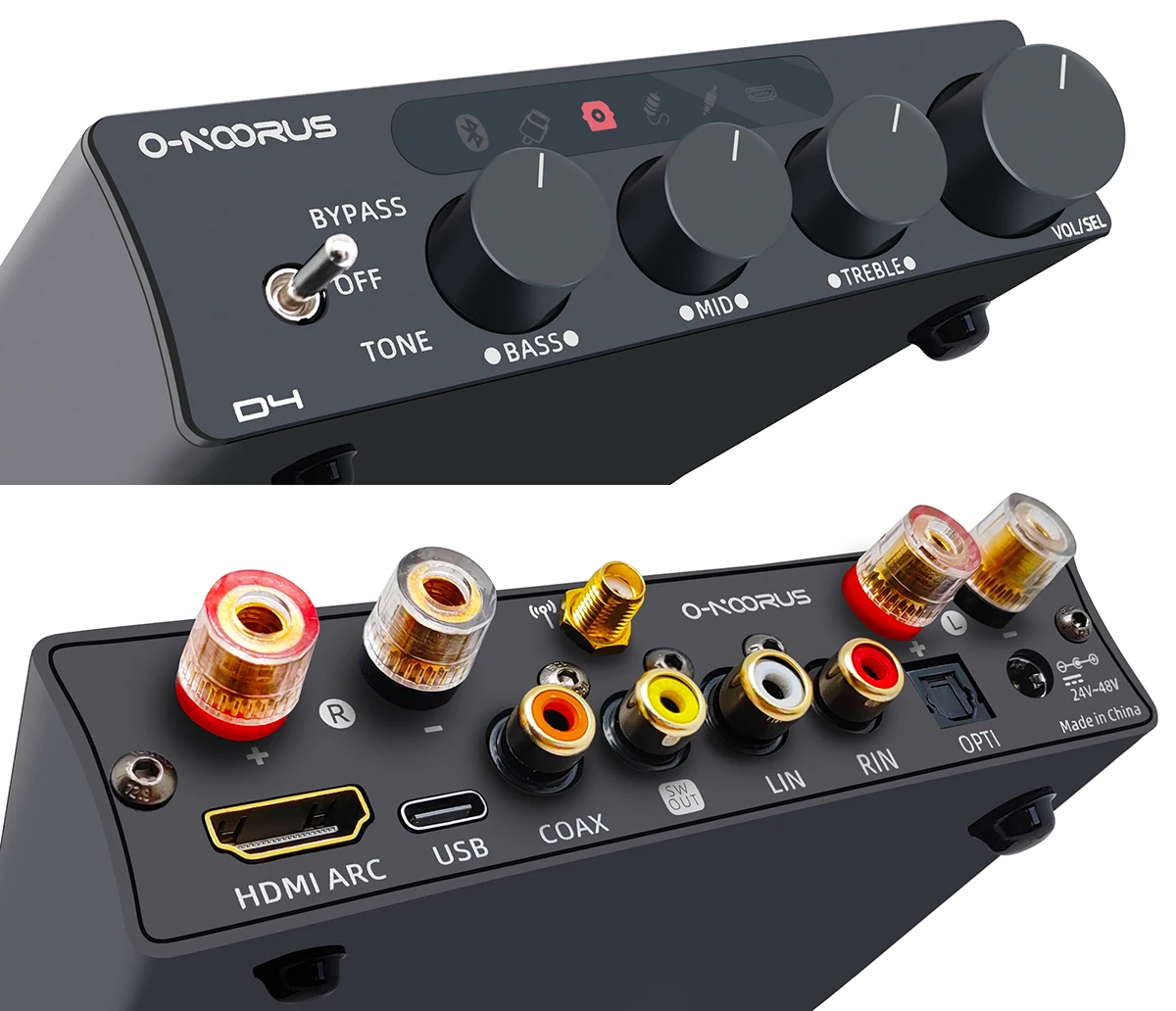 O-NOORUS D4 TPA3255 PFFB Stereo Bluetooth HDMI ARC USB Optische Versterker 300Wx2 met Treble Midden Bass Tone AMP