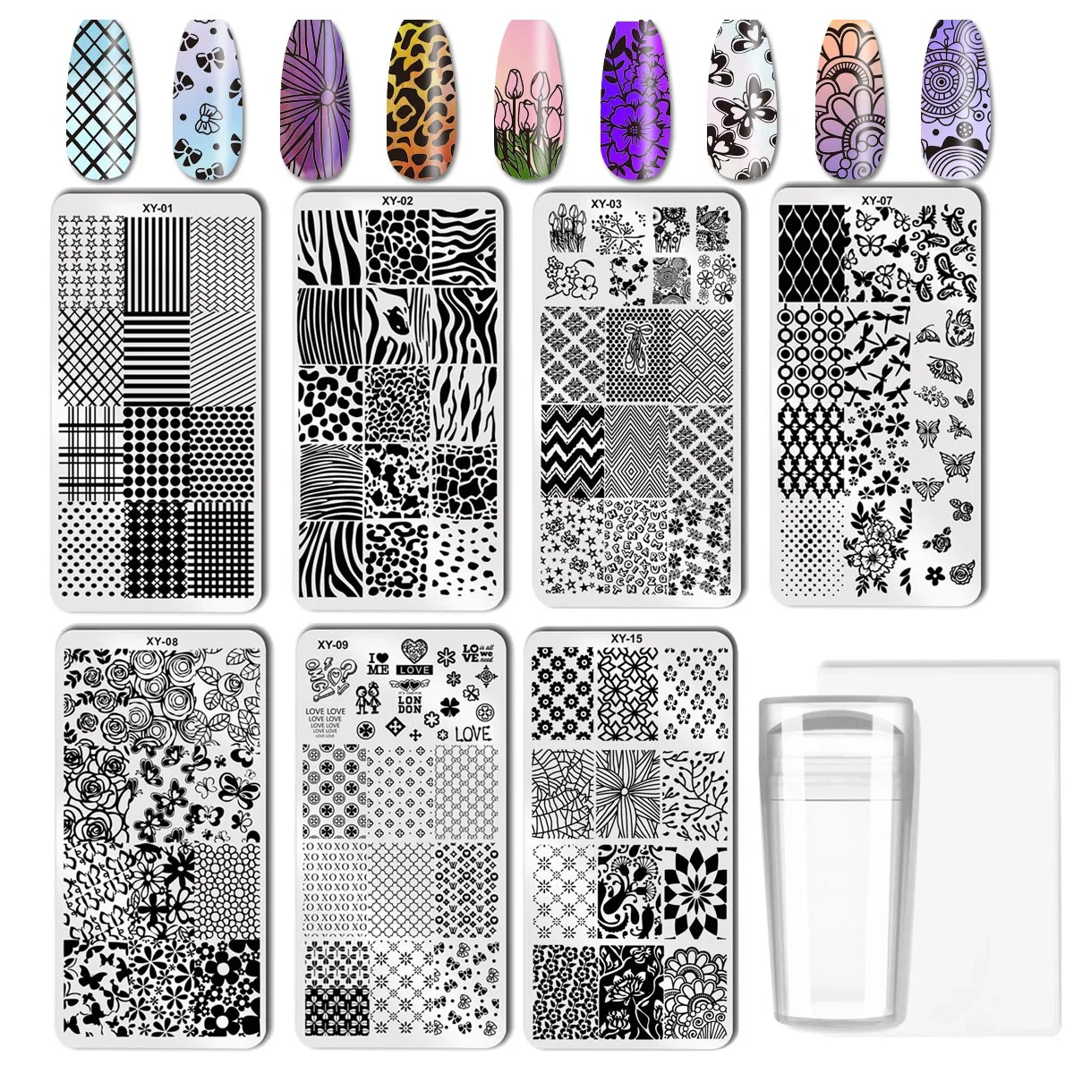 9개 네일 프린팅 보드 세트 7개 혼합 디자인 스탬핑 데크 +1 네일 프레스 다이 +1 스크레이퍼 네일 아트 프레스 보드 스크레이퍼