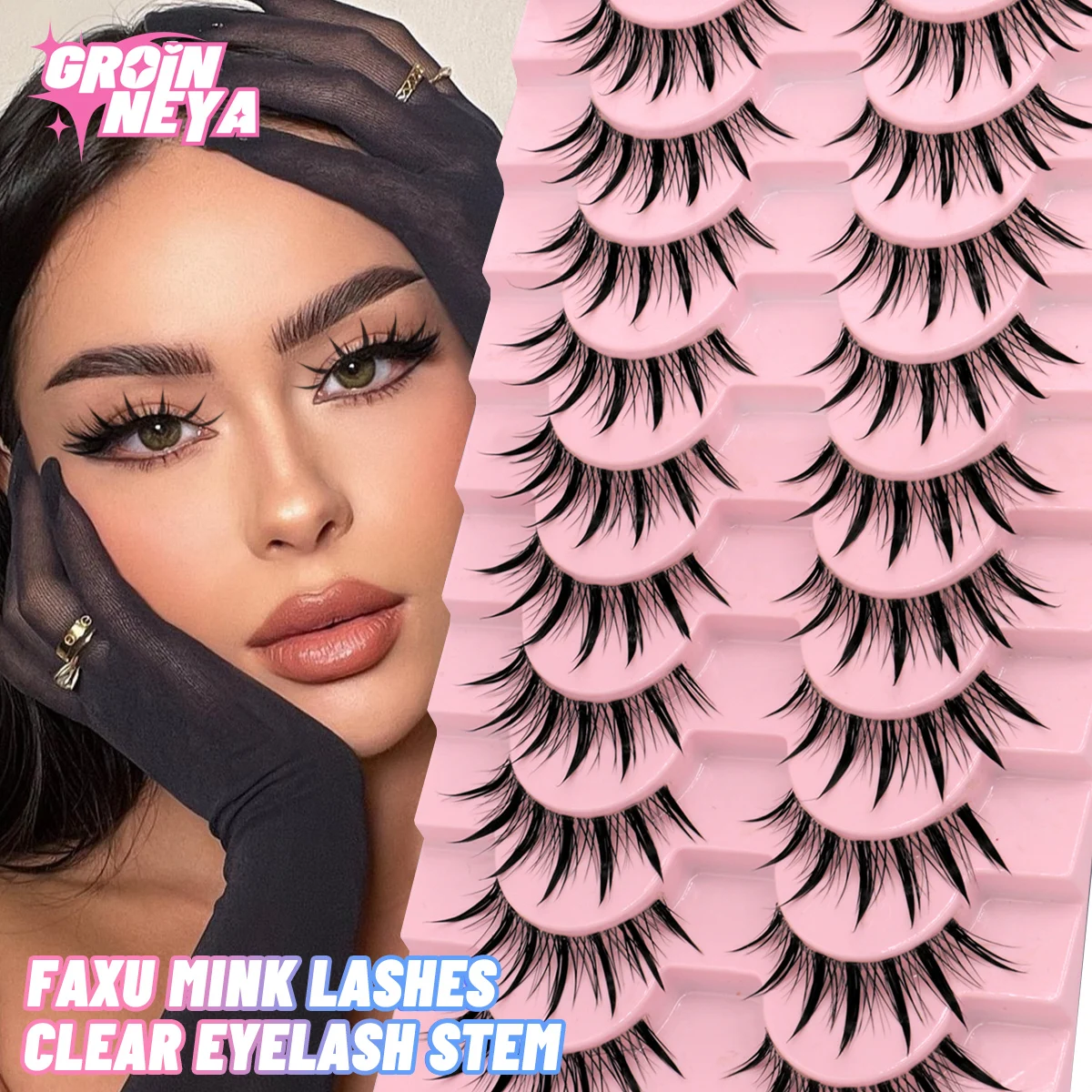 GROINNEYA Manga Lashes 5/10 Pairs 3D Clear Band Lashes Natural Look Mink Eyelashes Fluffy Cat Eye Lashes Pack Fake Eyelashes