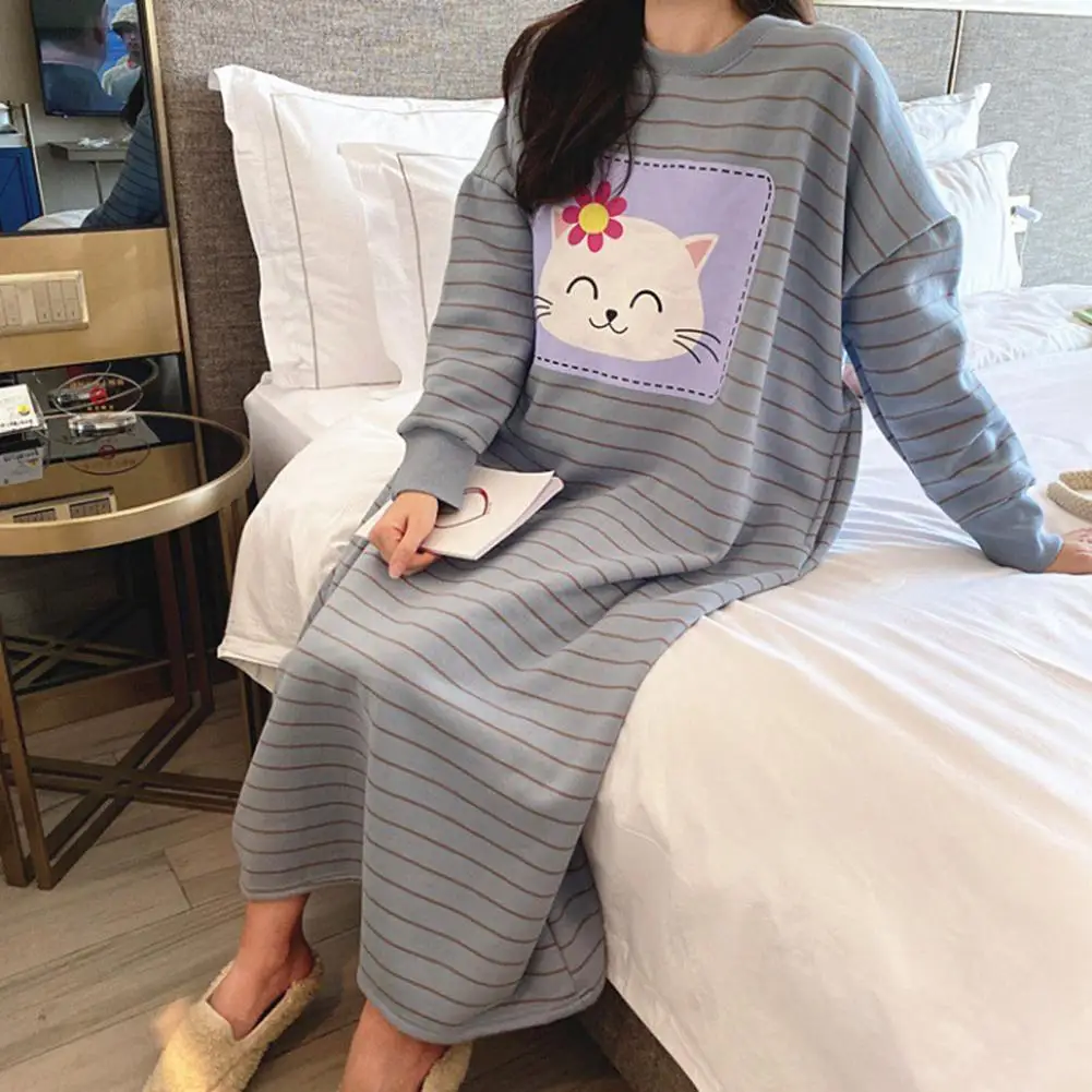 Women Dress O Neck Long Sleeve Breathable Loose Nightdress Warm Knee Length Pajamas for Winter Sleepwear