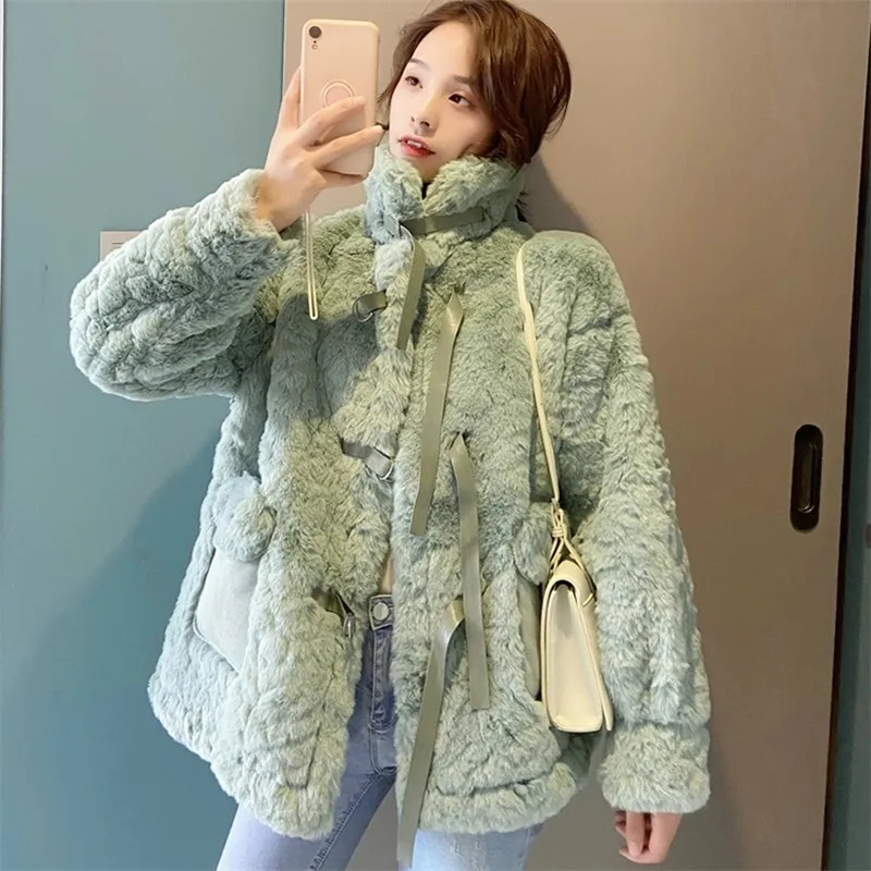 Kawaii Faux Lamb Fur Coat Women's Long Autumn Winter New Thicken Warm Imitation Rabbit Plush Fur Young Sweet Girls Lolita Coats