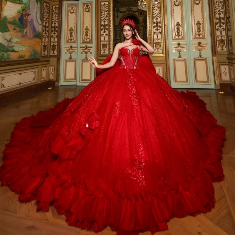 

Red Quinceanera Dresses Off the Shoulder Glitter Decal Lace Layering Long tail Bow Vestido De 15 Quinceanera Customize