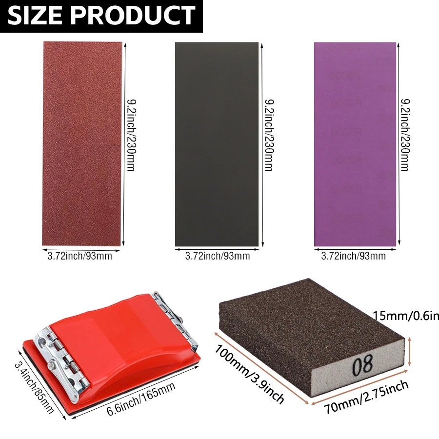 65個入り-93x230mm-角型フックアンドループサンドペーパーセット、サンディングブロック＆スポンジ付き、木工金属研磨用アソートグリット60～10000
