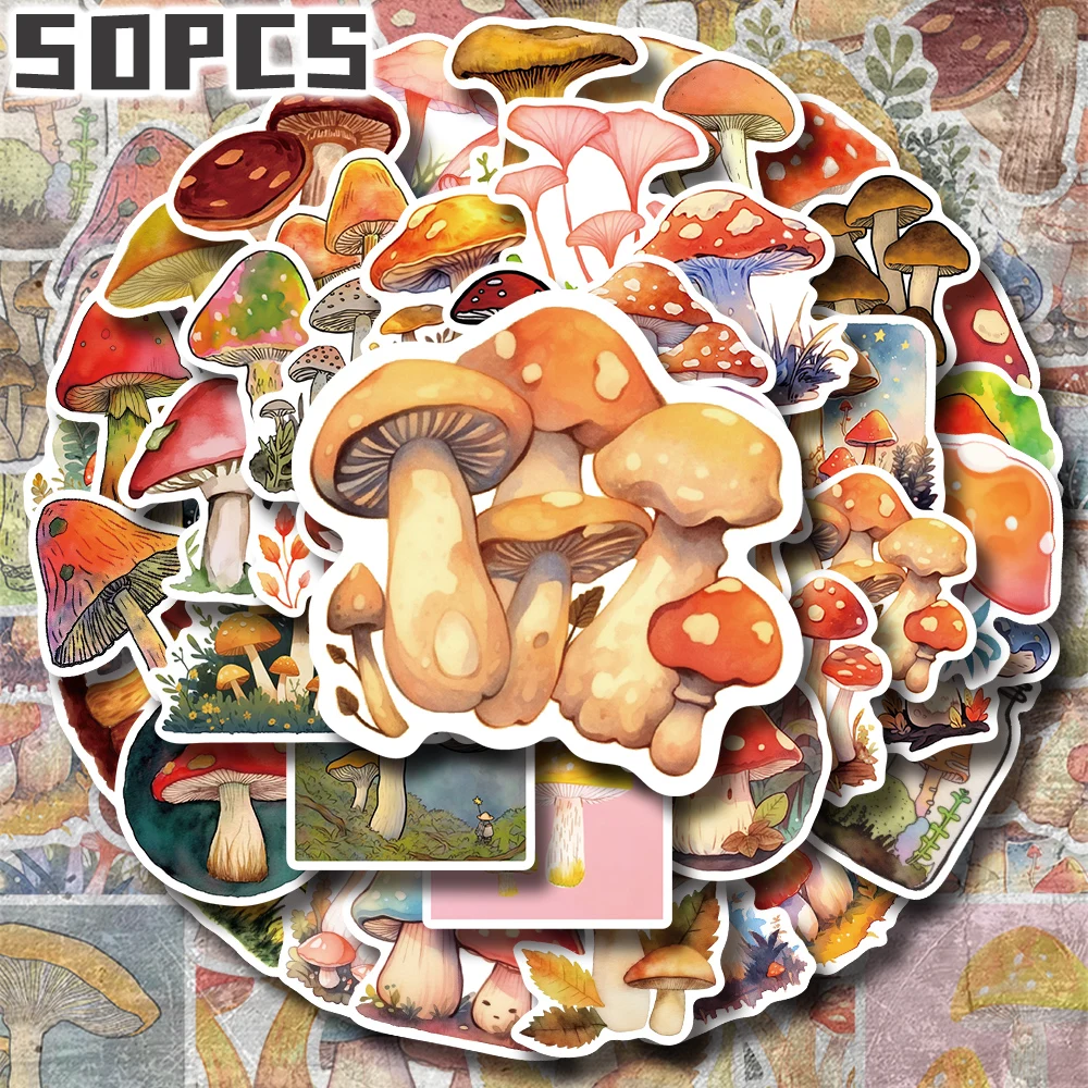 

50pcs cute water color mushroom themed stickers for holiday party decor Back to school Class reward Birthday gift skateboard