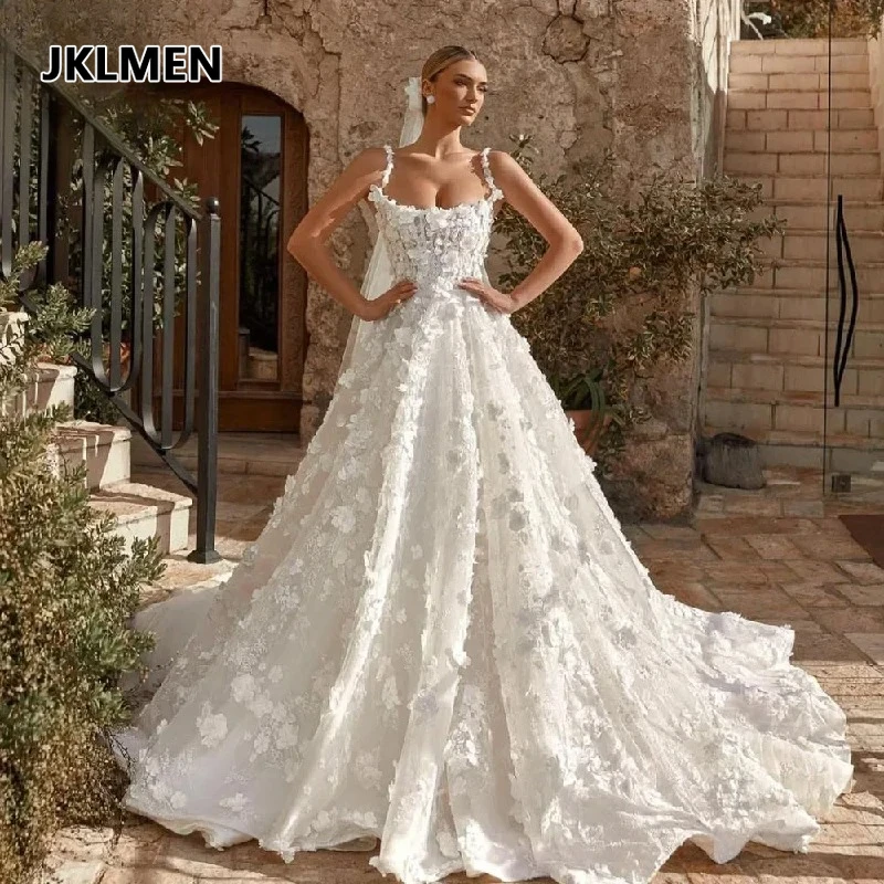 

Customized Wedding Dresses Luxury 3D Flowers A-Line Glamorous Boat Neck Vestido Elegant Lace Appliques Bridal Gowns
