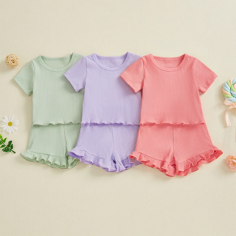 Toddler Baby Girl Ribbed Outfit with Ruffle Shorts