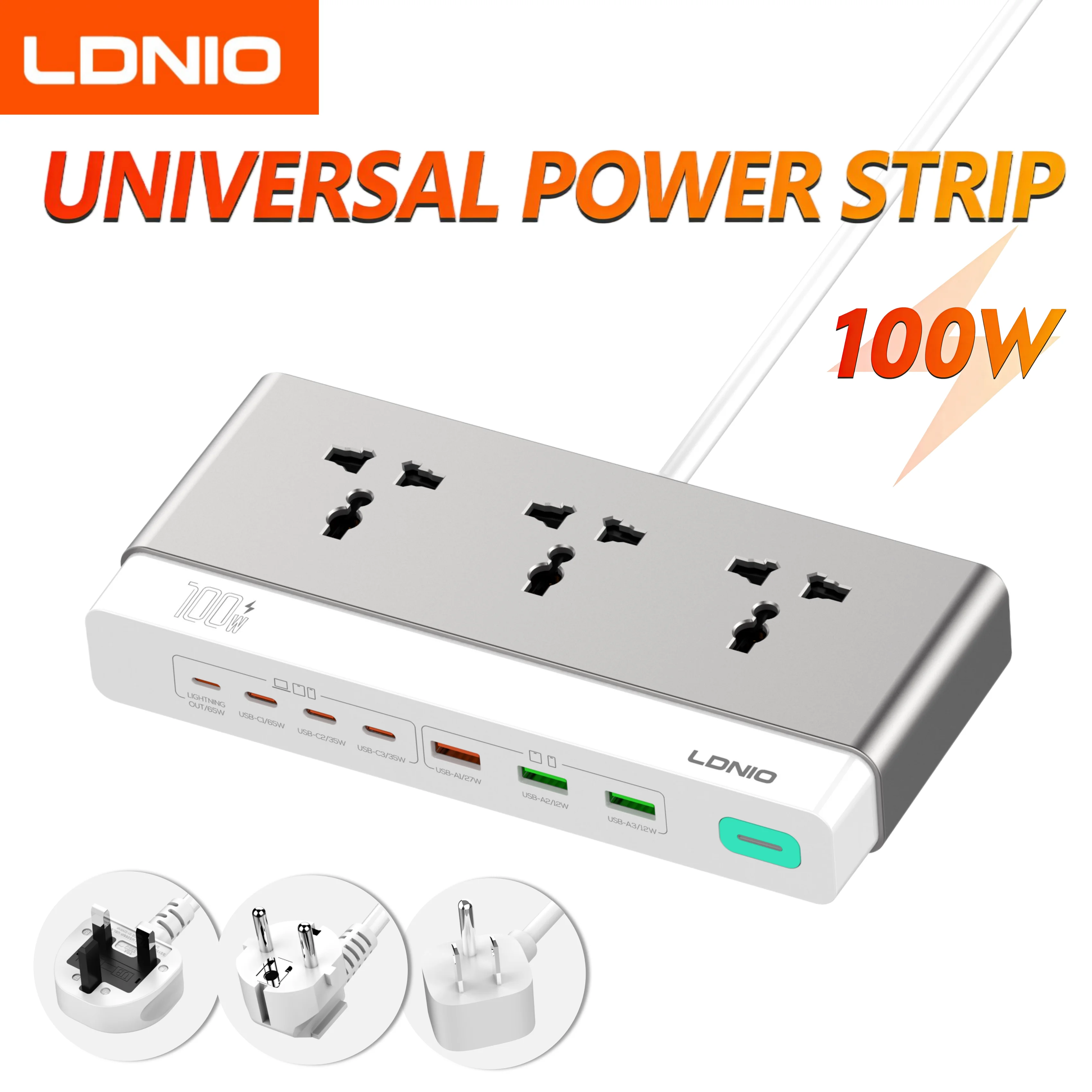 Многорозеточный удлинитель LDNIO 100W с 3 розетками переменного тока, 5 USB-портами Type-C, 2-метровым кабелем, мощностью 2500W и выключателем для дома и офиса