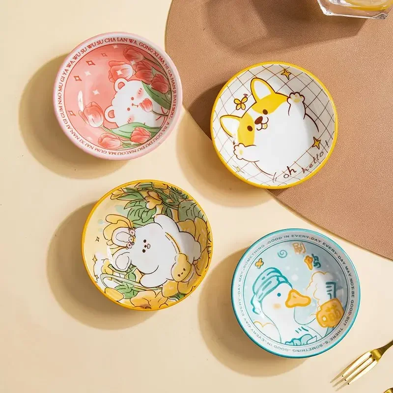 3.5 Inch Japanese Style Ceramic Dessert Sauce Dish Tableware Creative Cute Cartoon Pet Pattern Circular Shape Fruit Sushi Plates