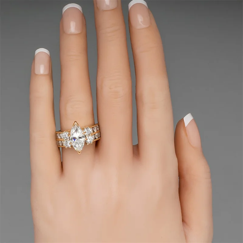 Huitan Luxury Gold Color Marquise Cubic Zirconia Rings Women for Wedding Bands Accessory Anniversary Gift Fashion Party Jewelry